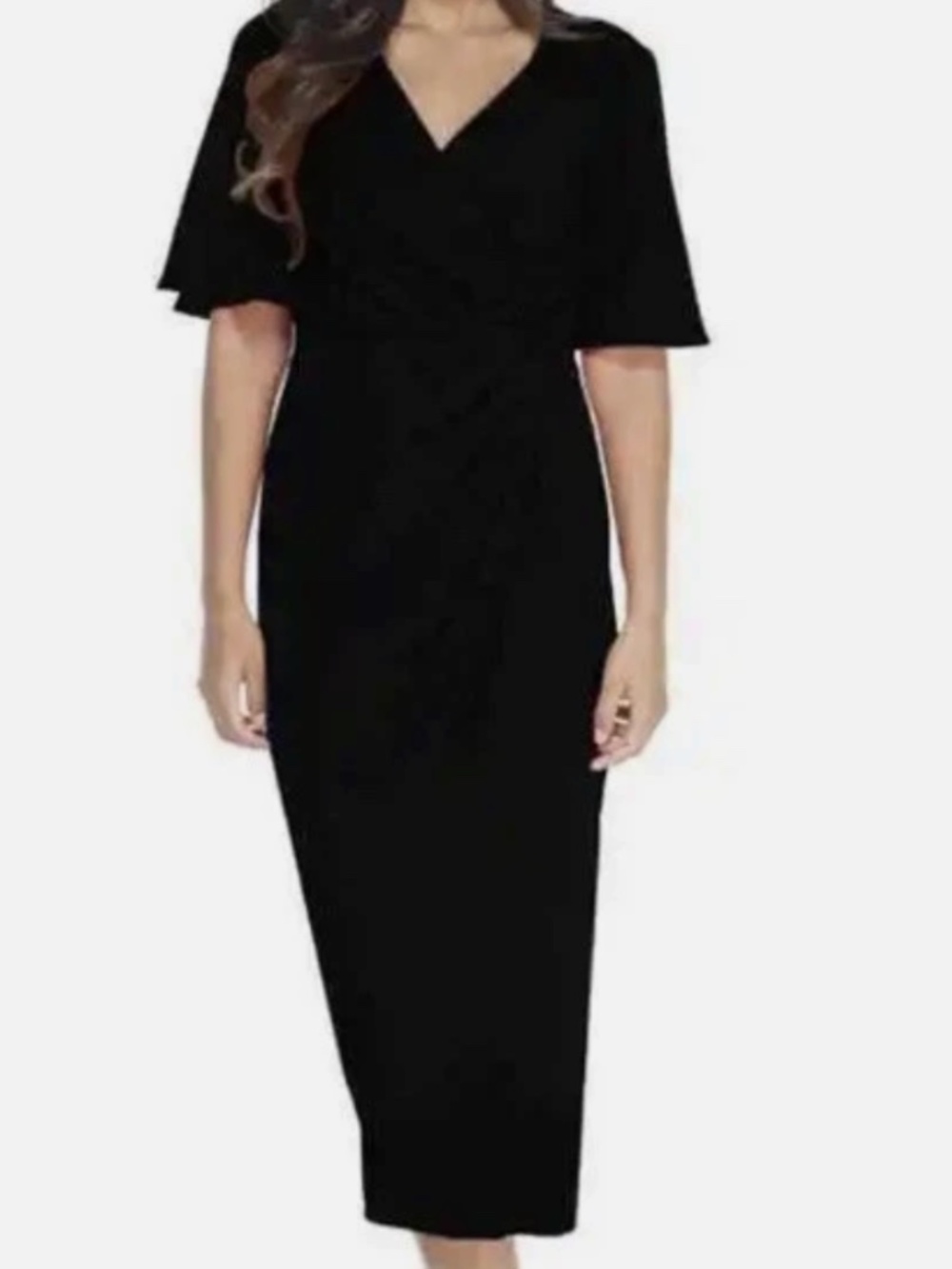 NWOT Maggy Longdon Flutter Sleeve Faux Wrap Black Dress, Size 6